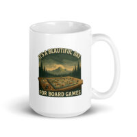 Mug with board games theme and forest scene.