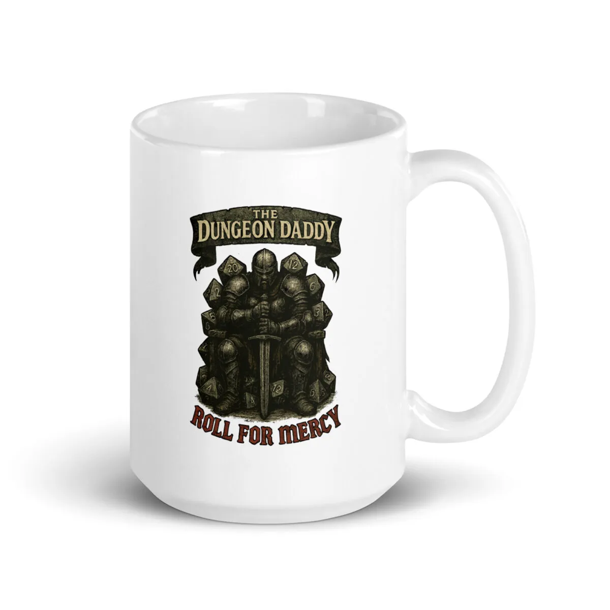 Dungeon Daddy themed mug with knight graphic.