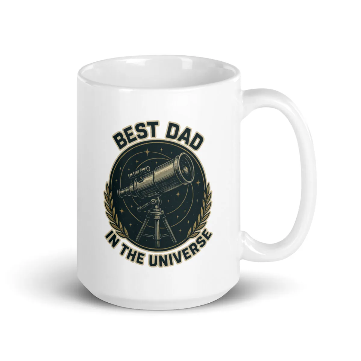 White mug with 'Best Dad in the Universe' design.