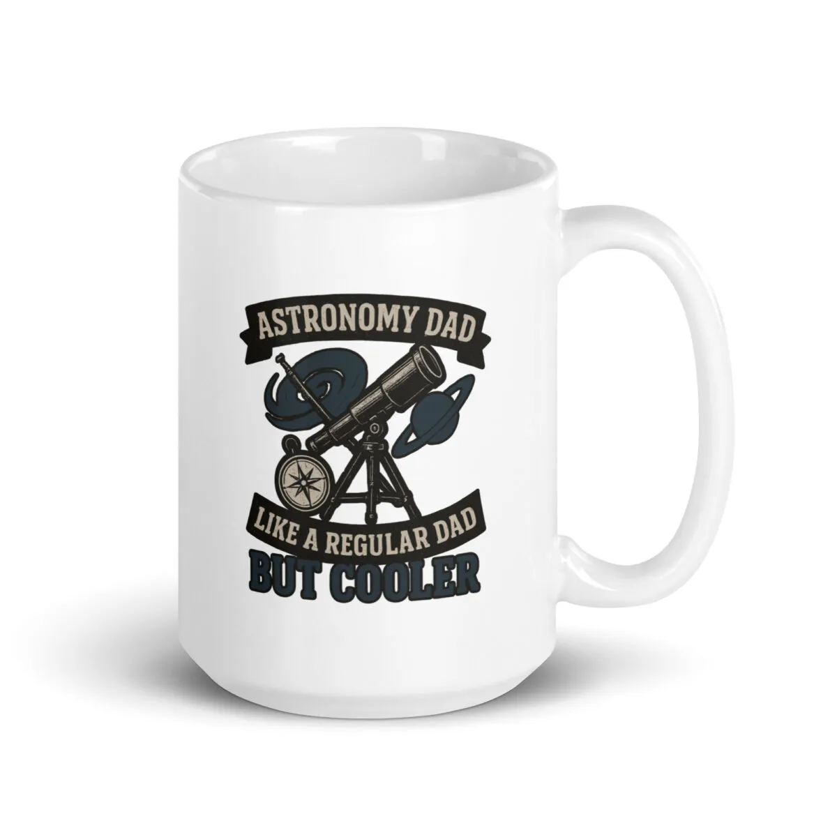 Astronomy theme mug with telescope graphic.