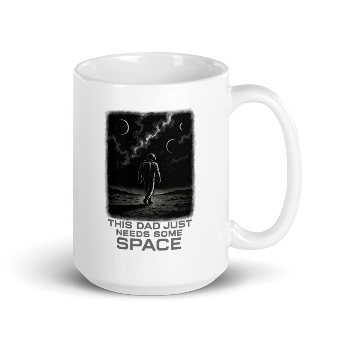 White mug with astronaut design, space theme quote.