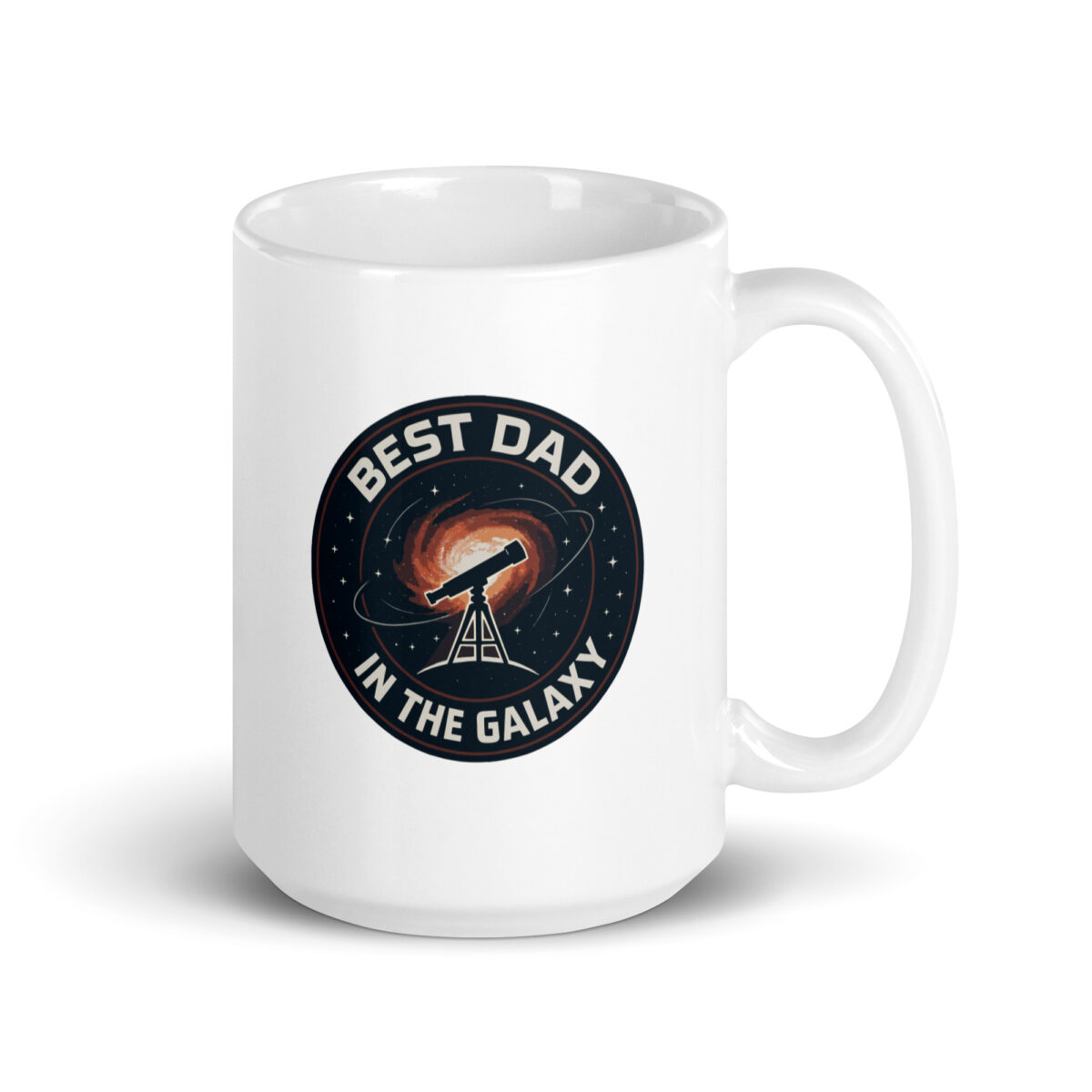 White mug with 'Best Dad in the Galaxy' design.