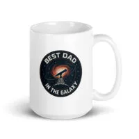 White mug with 'Best Dad in the Galaxy' design.
