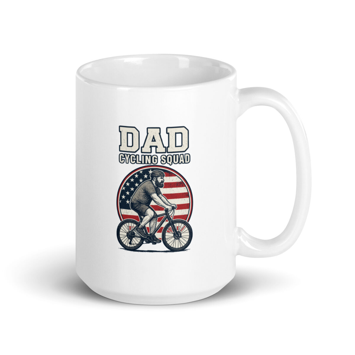 Dad cycling squad mug with American flag.