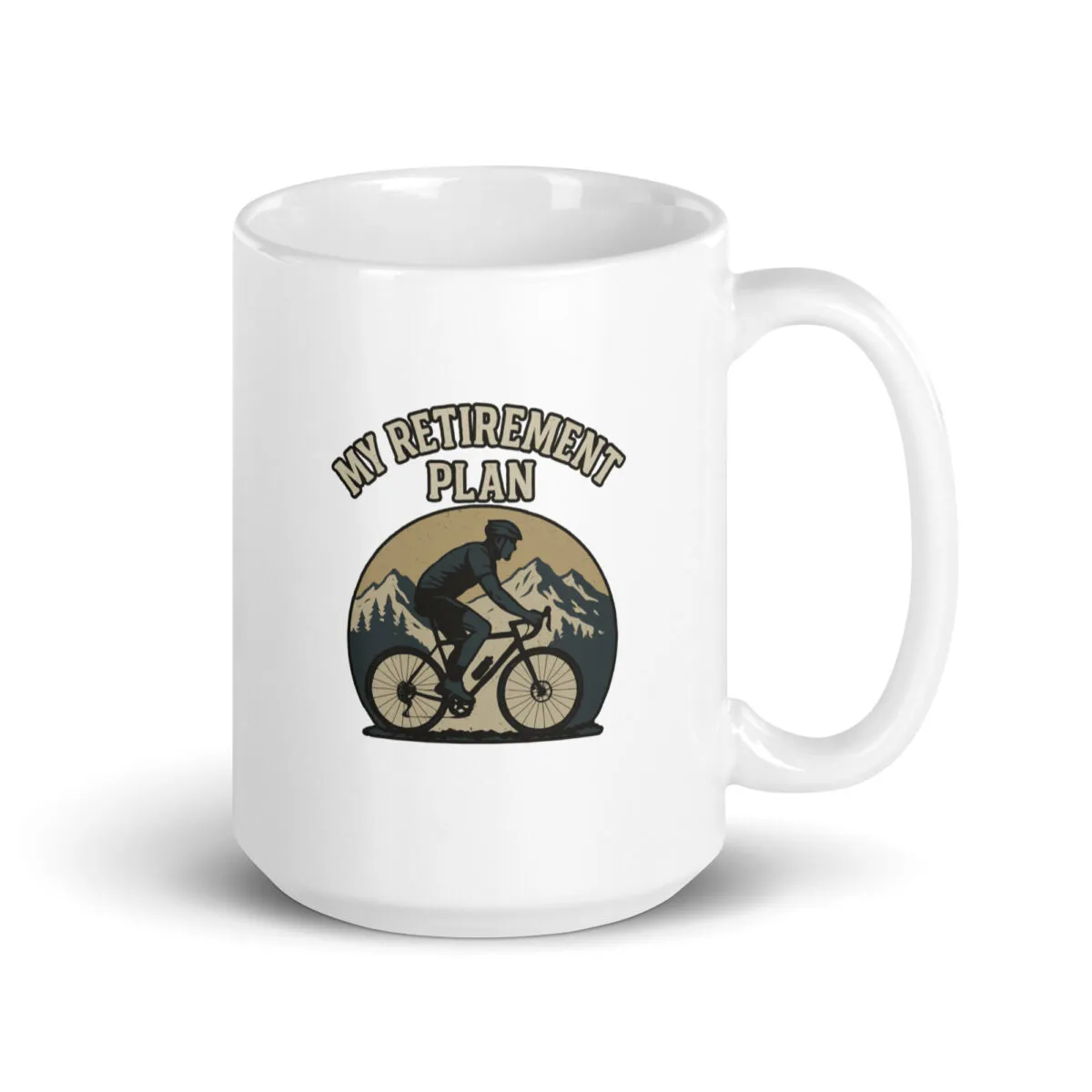 Cycling retirement plan mug with mountain graphic.