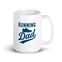 White mug with 'Running Dad' design.
