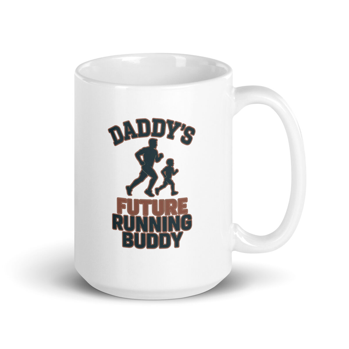White mug with running buddy design