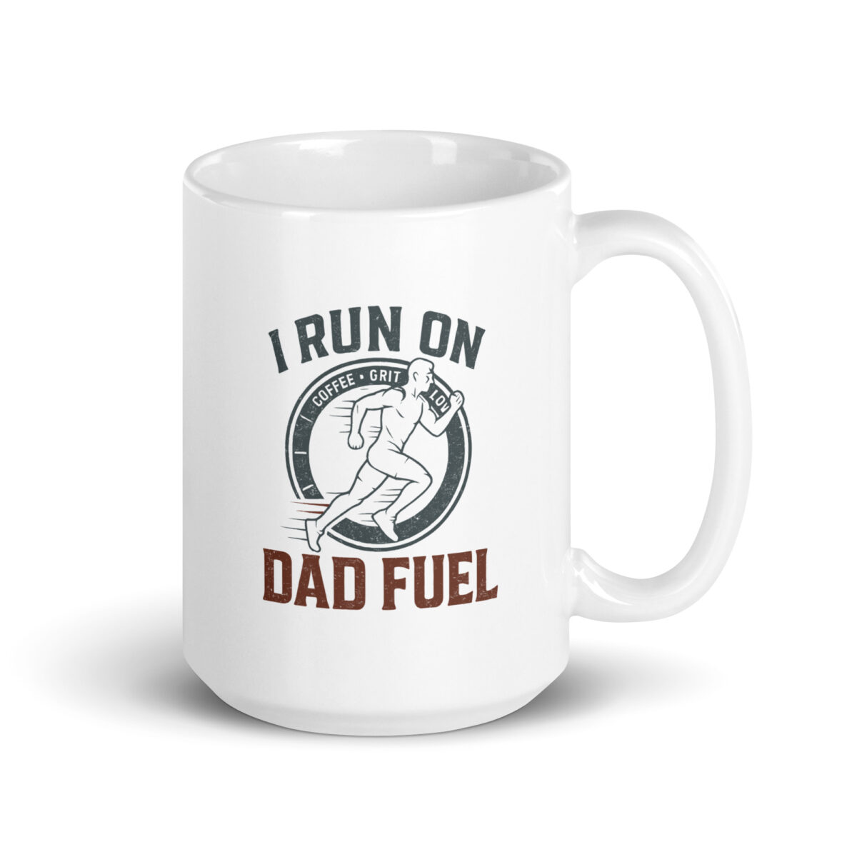 White mug with 'I Run on Dad Fuel' design.