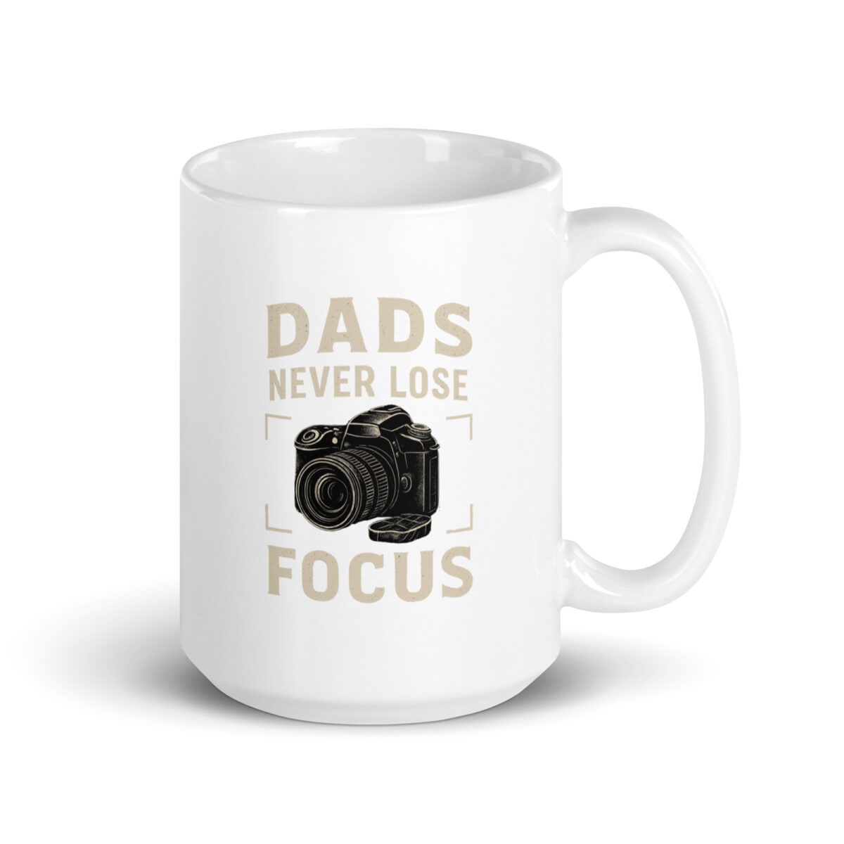 White mug with camera graphic and dad joke text.