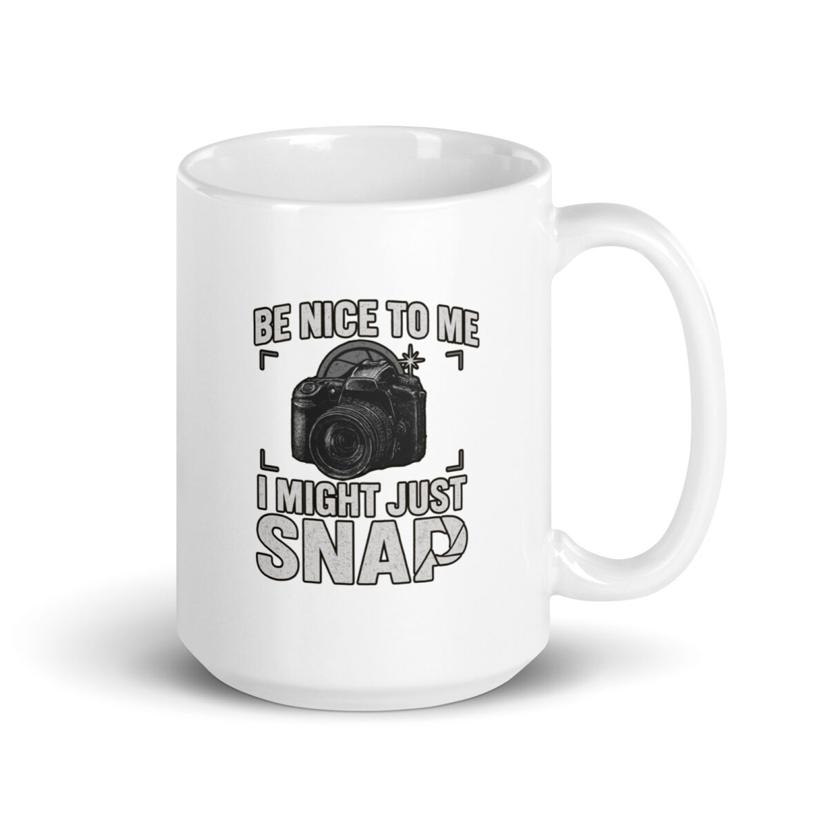 White mug with camera humor text design.