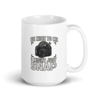 White mug with camera humor text design.