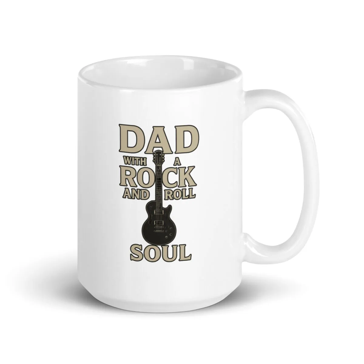 White mug with rock and roll dad design.