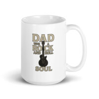 White mug with rock and roll dad design.
