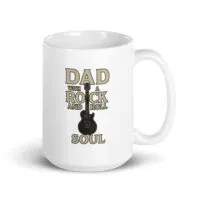 White mug with rock and roll dad design.