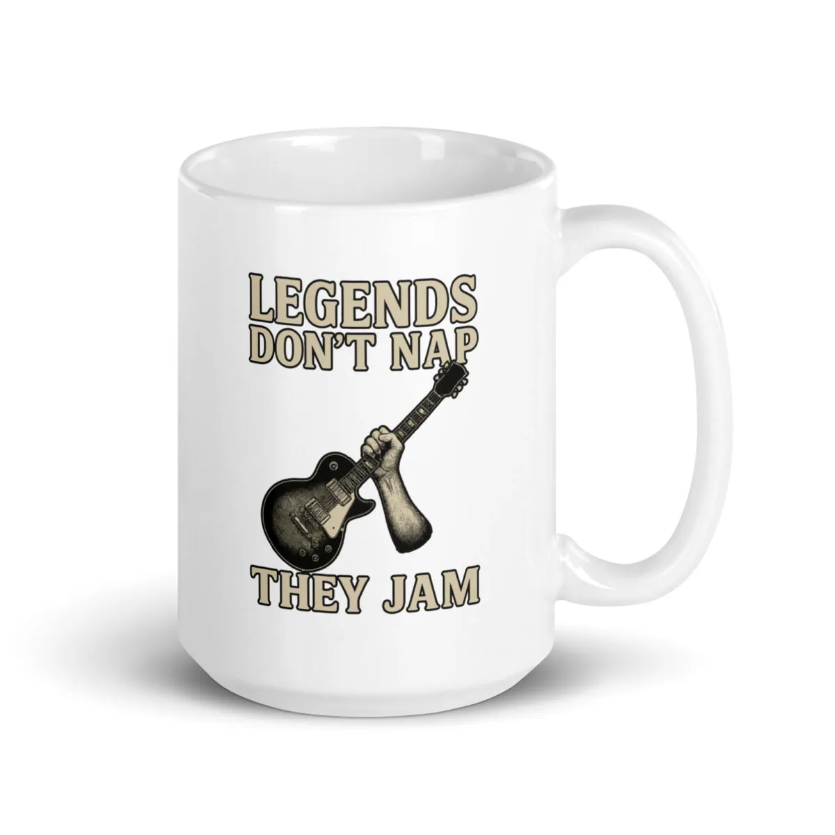 Mug with guitar and 'Legends Don't Nap' text.