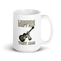 Mug with guitar and 'Legends Don't Nap' text.