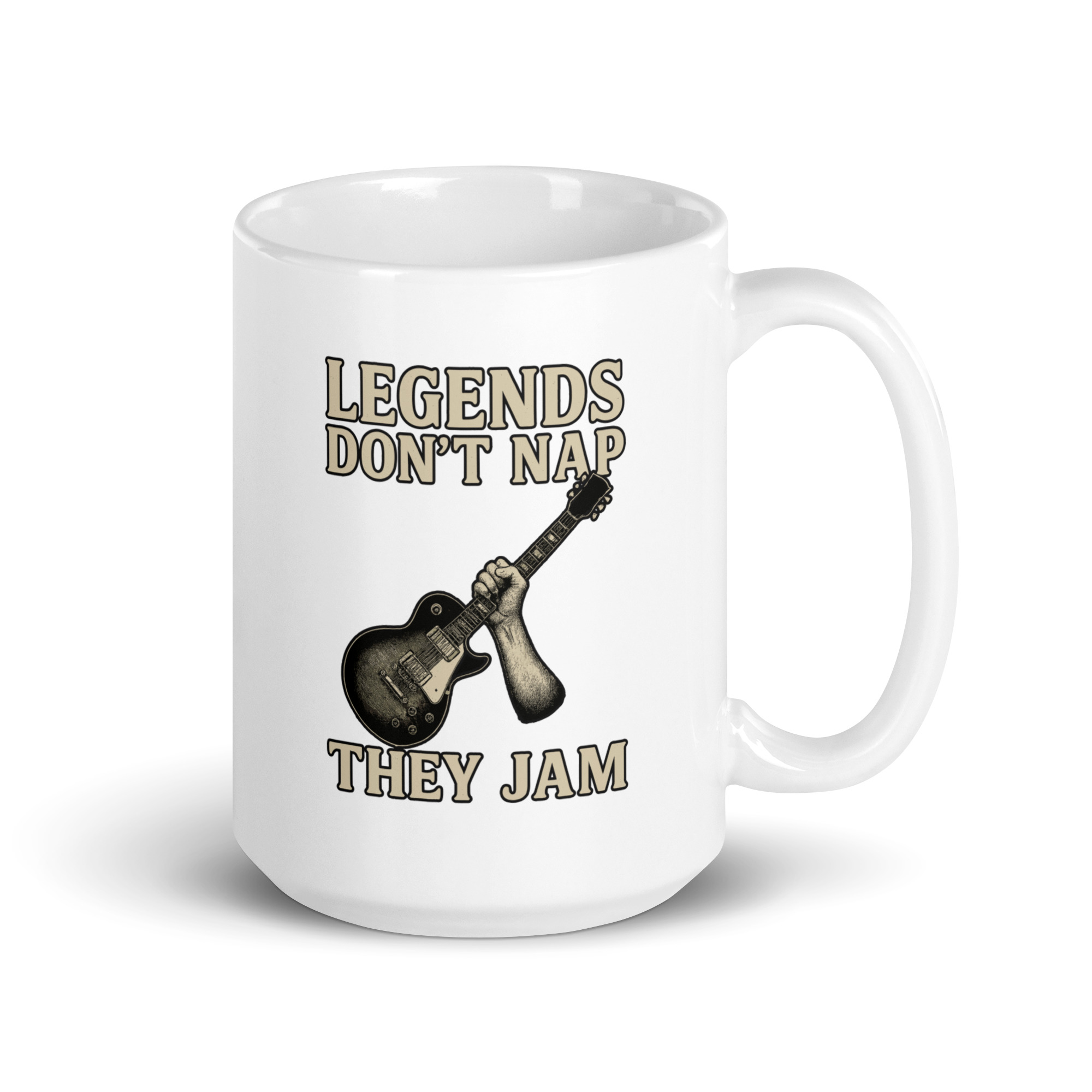 white-glossy-mug-white-15-oz-handle-on-right-68f1e375ae275.jpg Mug with guitar and 'Legends Don't Nap' text.