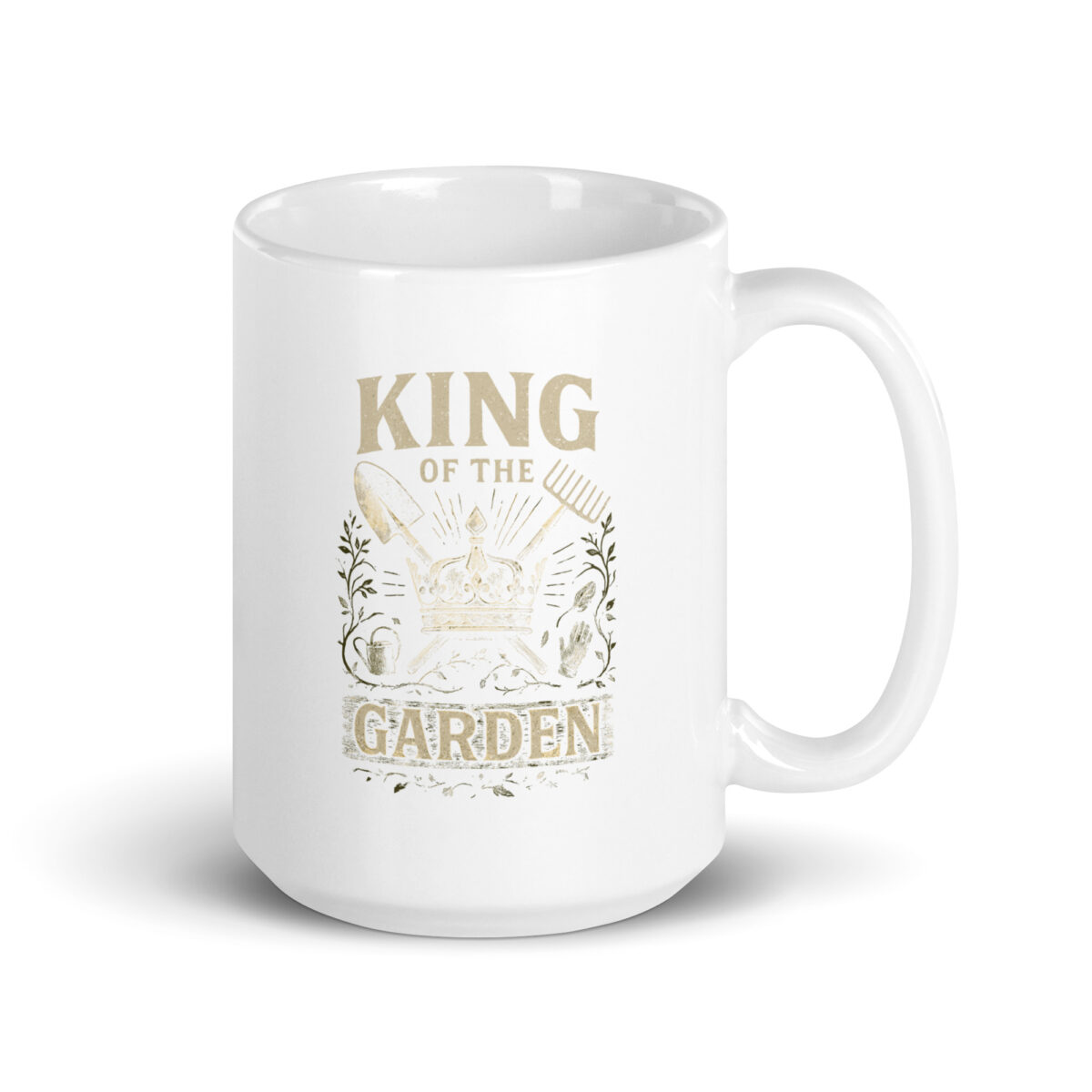 White mug with 'King of the Garden' design.