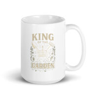 White mug with 'King of the Garden' design.