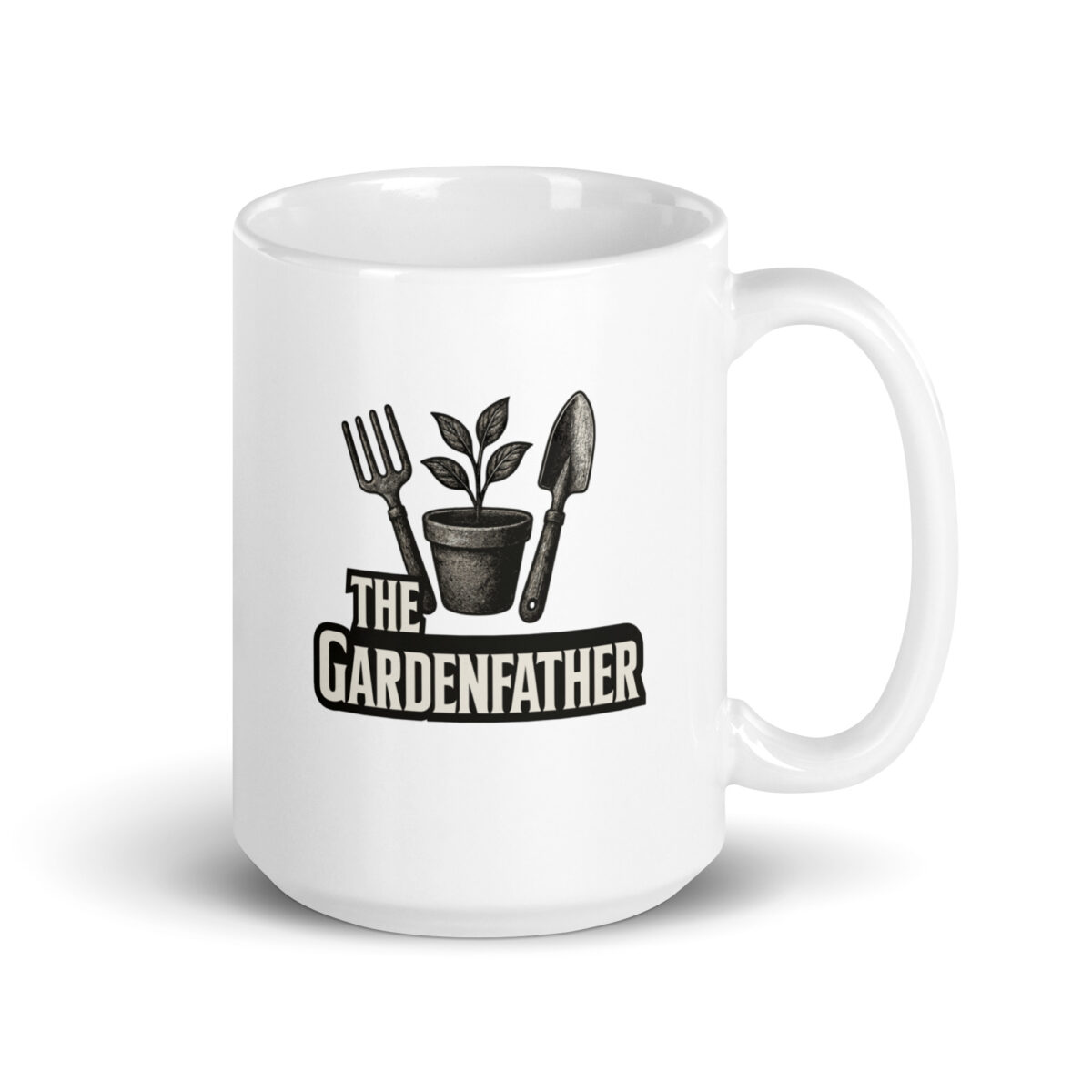 White mug with garden-themed design and text.