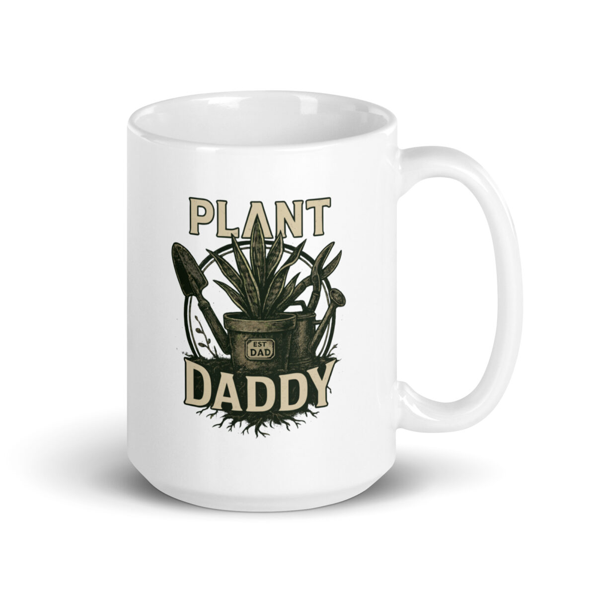 White mug with 'Plant Daddy' design.