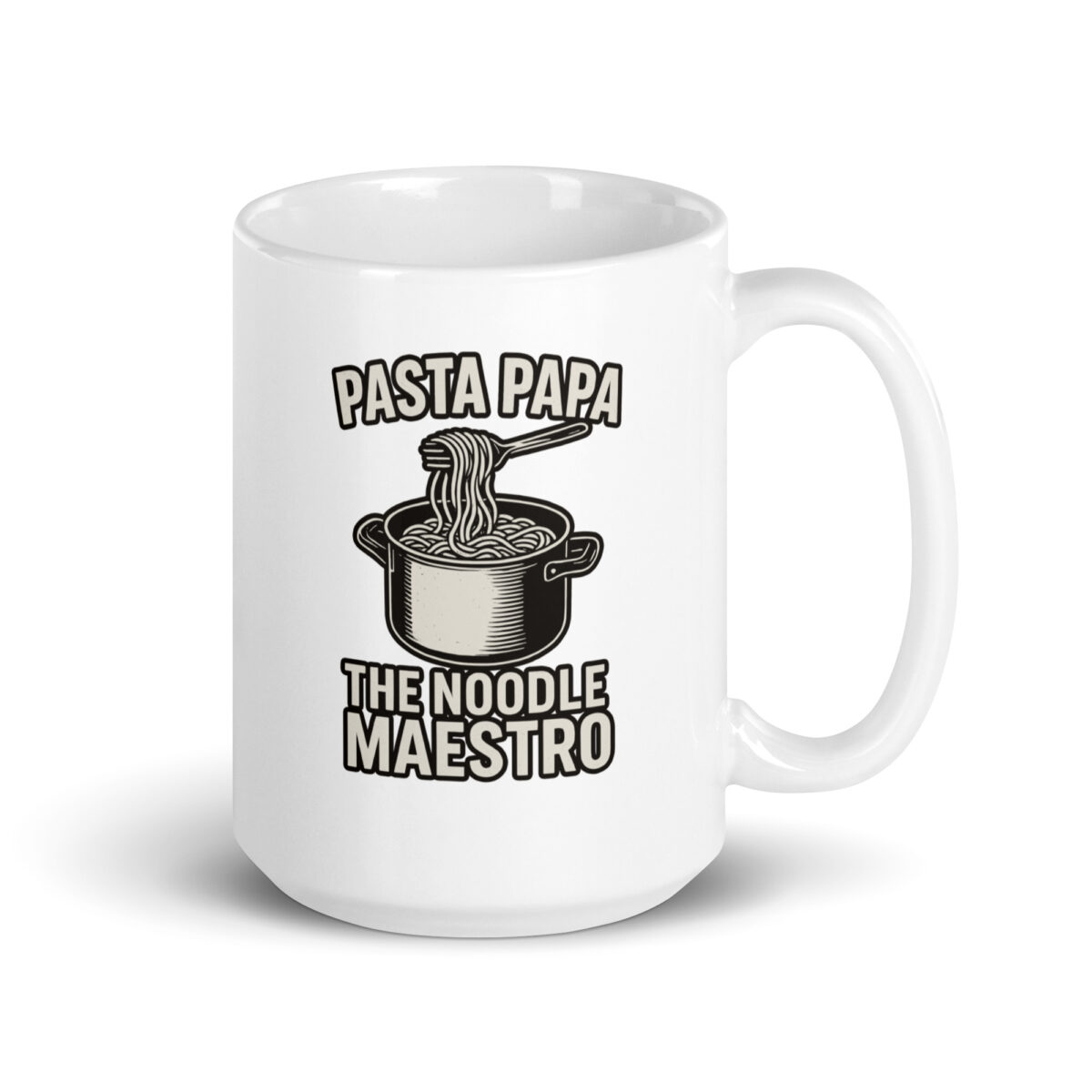 White mug with pasta pot illustration and text.