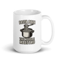 White mug with pasta pot illustration and text.