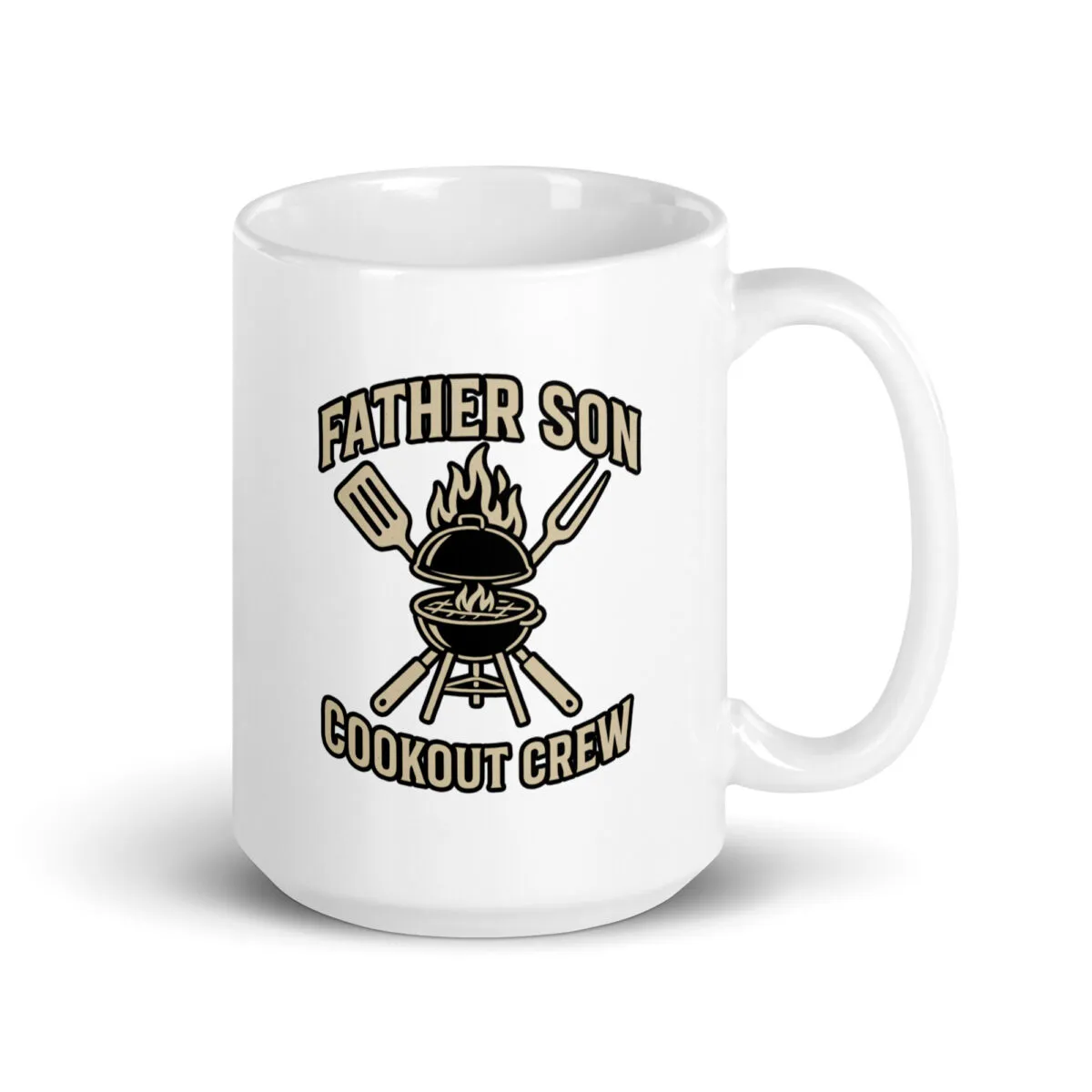 Father Son Cookout Crew coffee mug with grill design