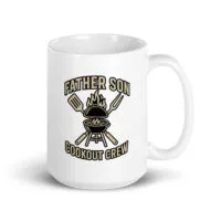 Father Son Cookout Crew coffee mug with grill design