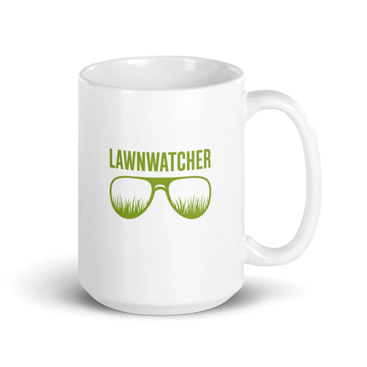 White mug with 'LAWNWATCHER' and grass glasses design.