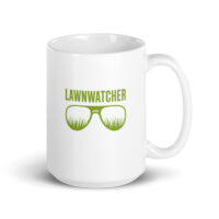 White mug with 'LAWNWATCHER' and grass glasses design.