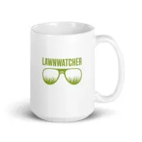 White mug with 'LAWNWATCHER' and grass glasses design.