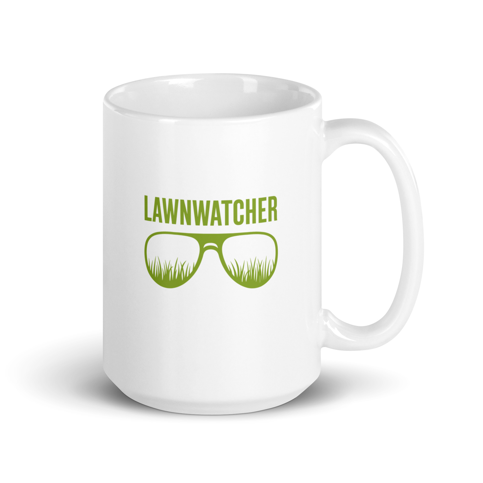 white-glossy-mug-white-15-oz-handle-on-right-68f6162b9b5b3.jpg White mug with 'LAWNWATCHER' and grass glasses design.