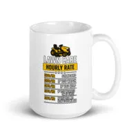 Lawn care rates humorous mug design.
