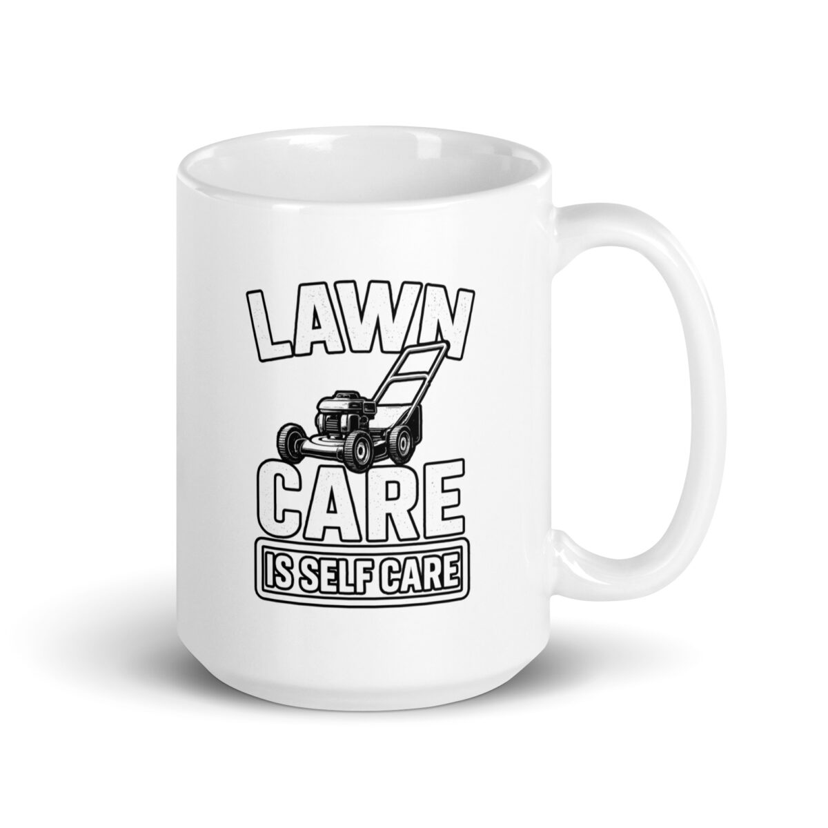 White mug with lawn care slogan and lawnmower.