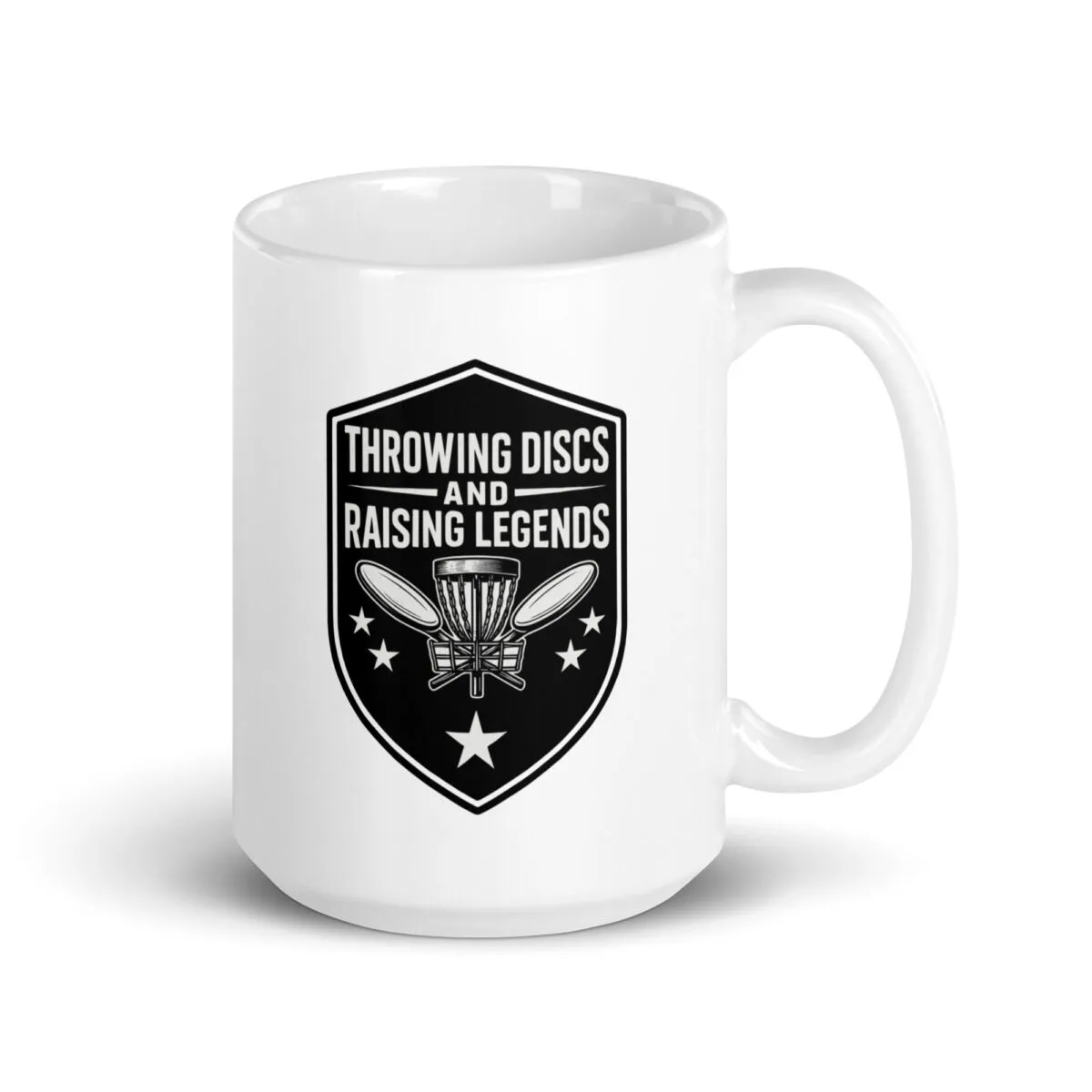 White mug with 'Throwing Discs' design