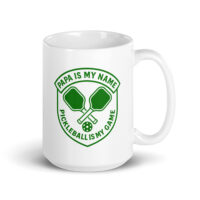 Pickleball mug with 'Papa is my name' design.