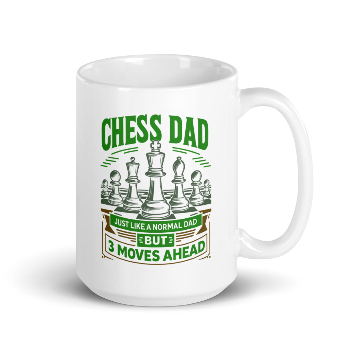 White mug with chess dad slogan.