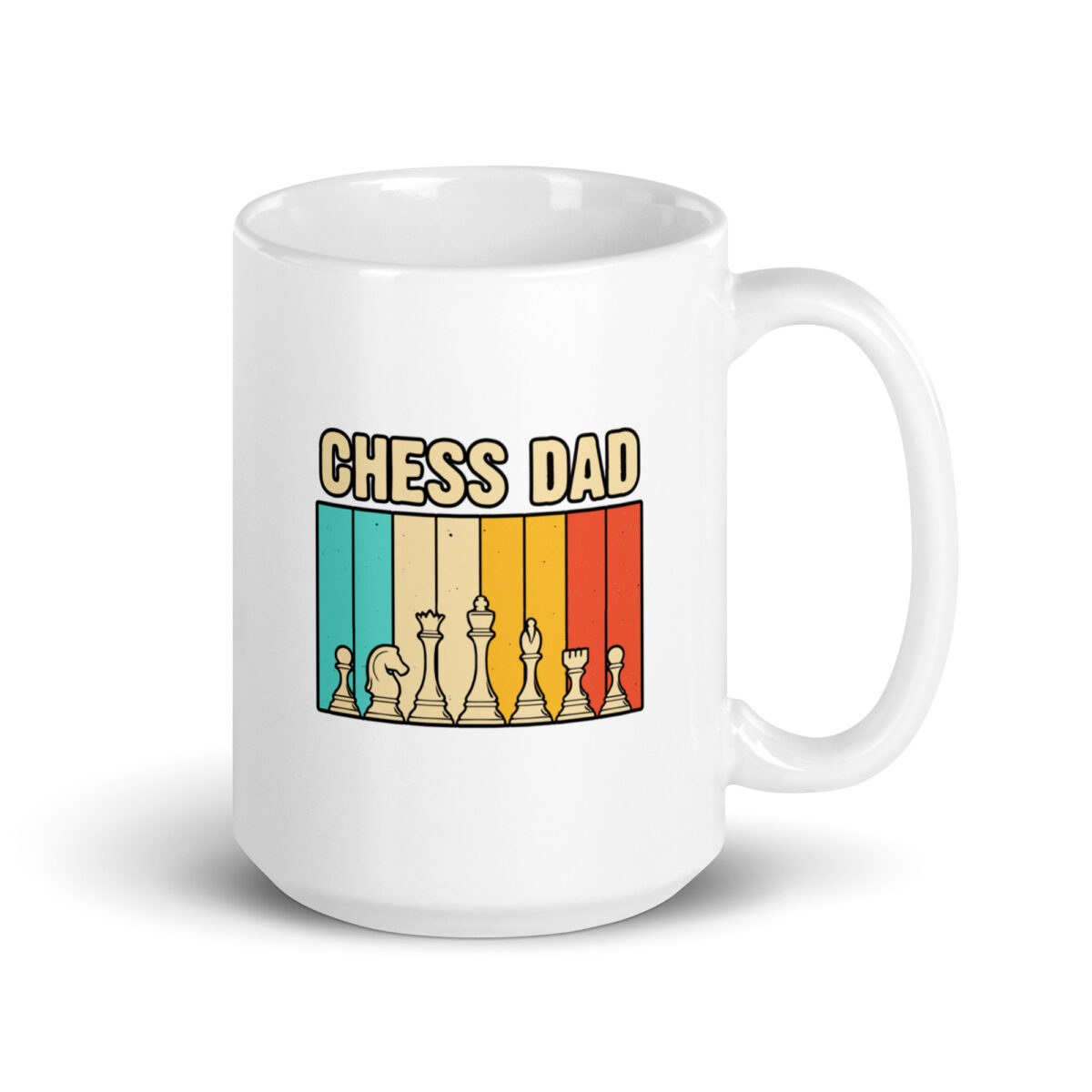 Chess Dad mug with colorful stripes and pieces.