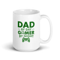 White mug with 'Dad by Day, Gamer by Night' design.