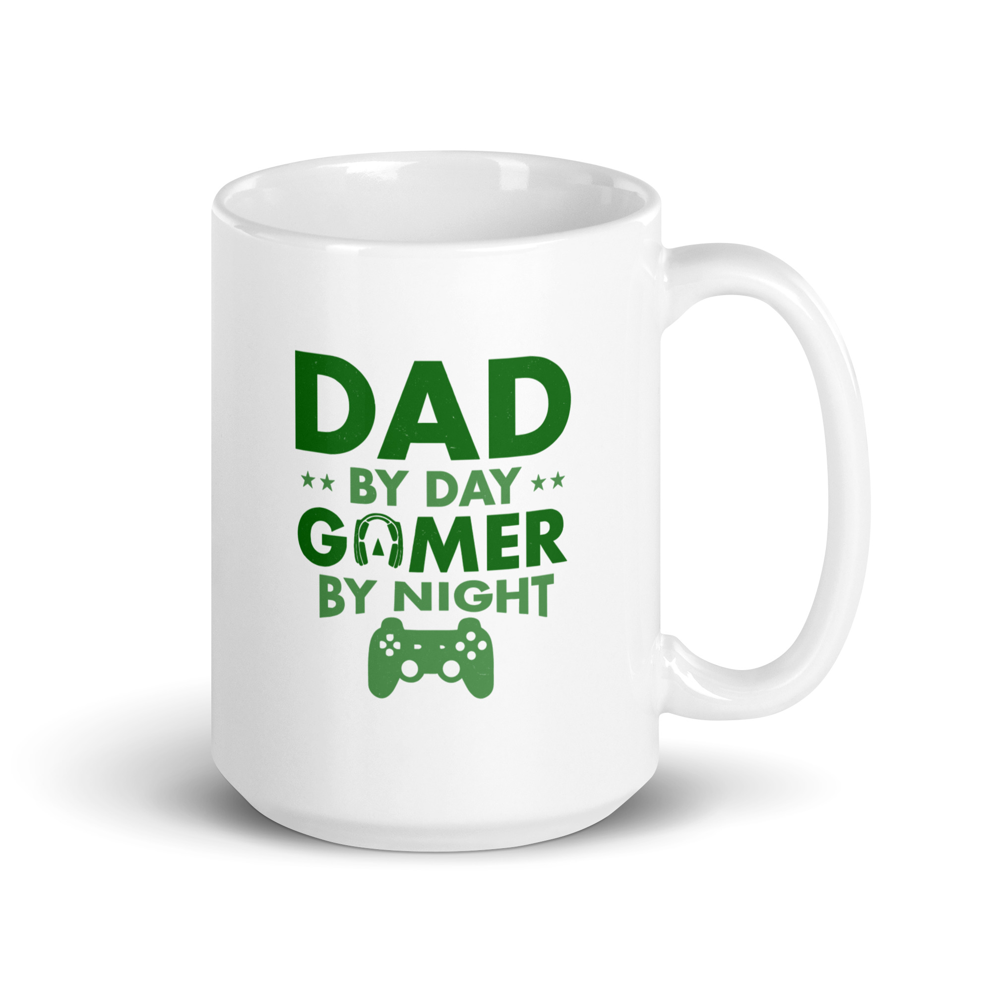 white-glossy-mug-white-15-oz-handle-on-right-68f62ece102c2.jpg White mug with 'Dad by Day, Gamer by Night' design.
