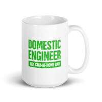 White mug with 'Domestic Engineer' text in green.