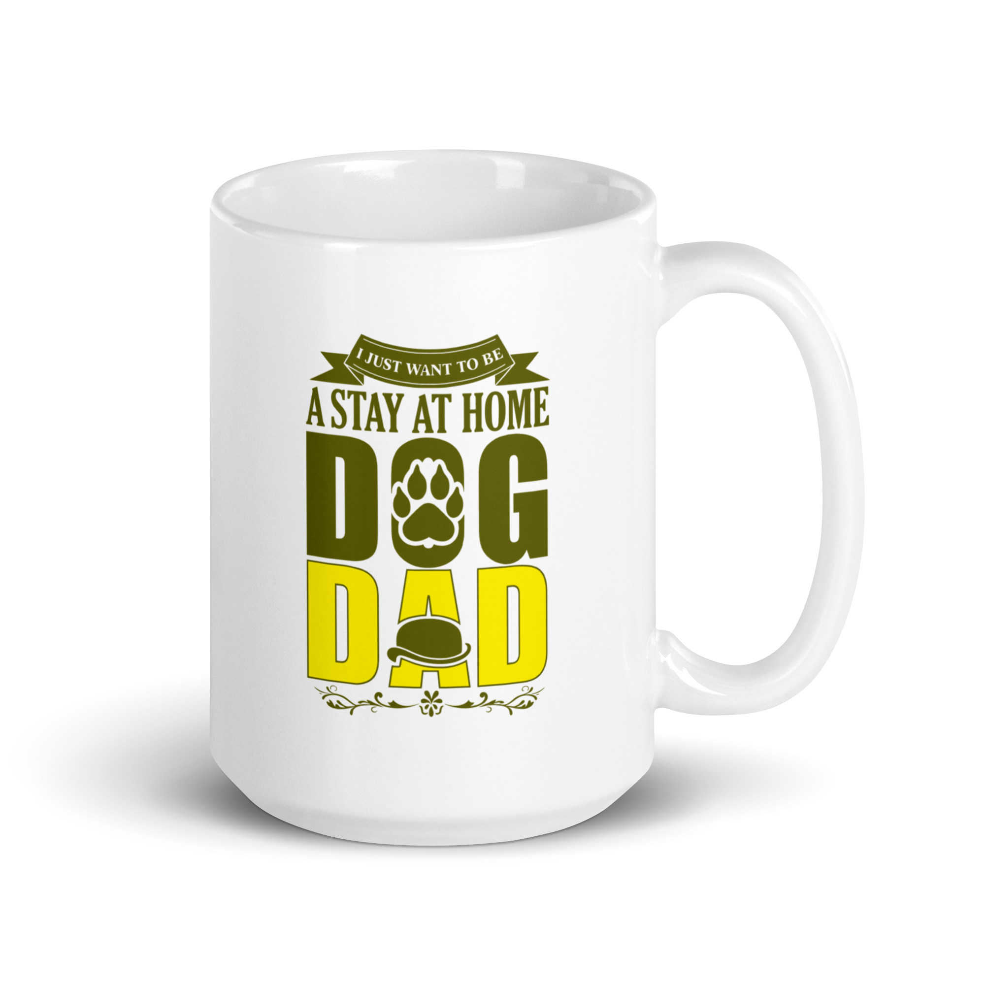 white-glossy-mug-white-15-oz-handle-on-right-68f71fc292ac4.jpg White mug with 'Stay at Home Dog Dad' text