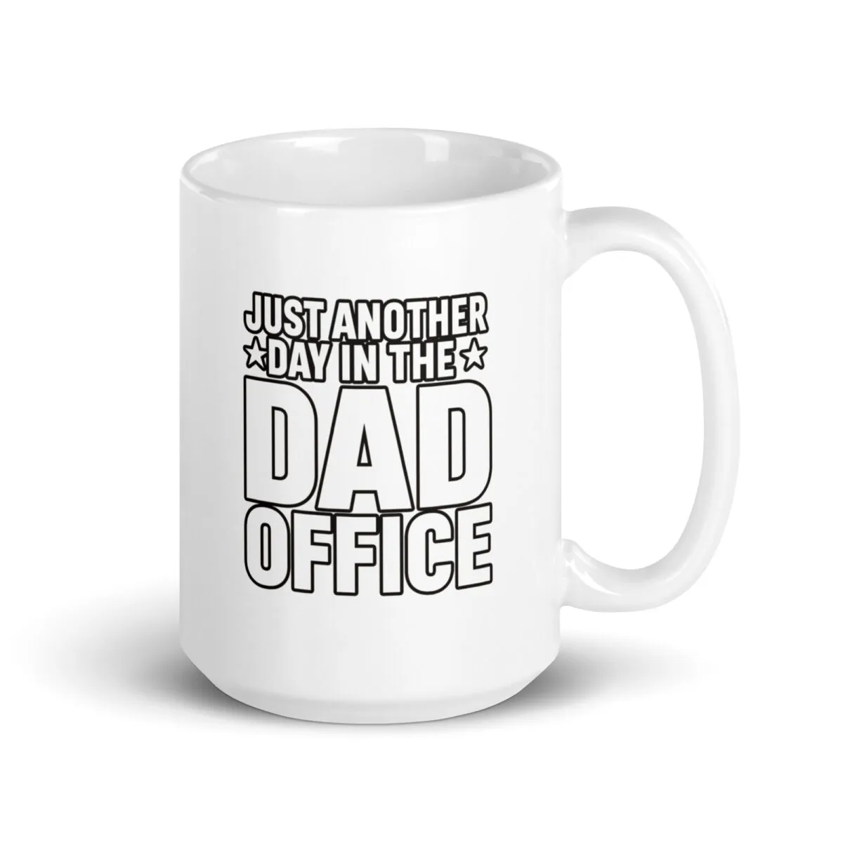 White mug with humorous dad office quote.