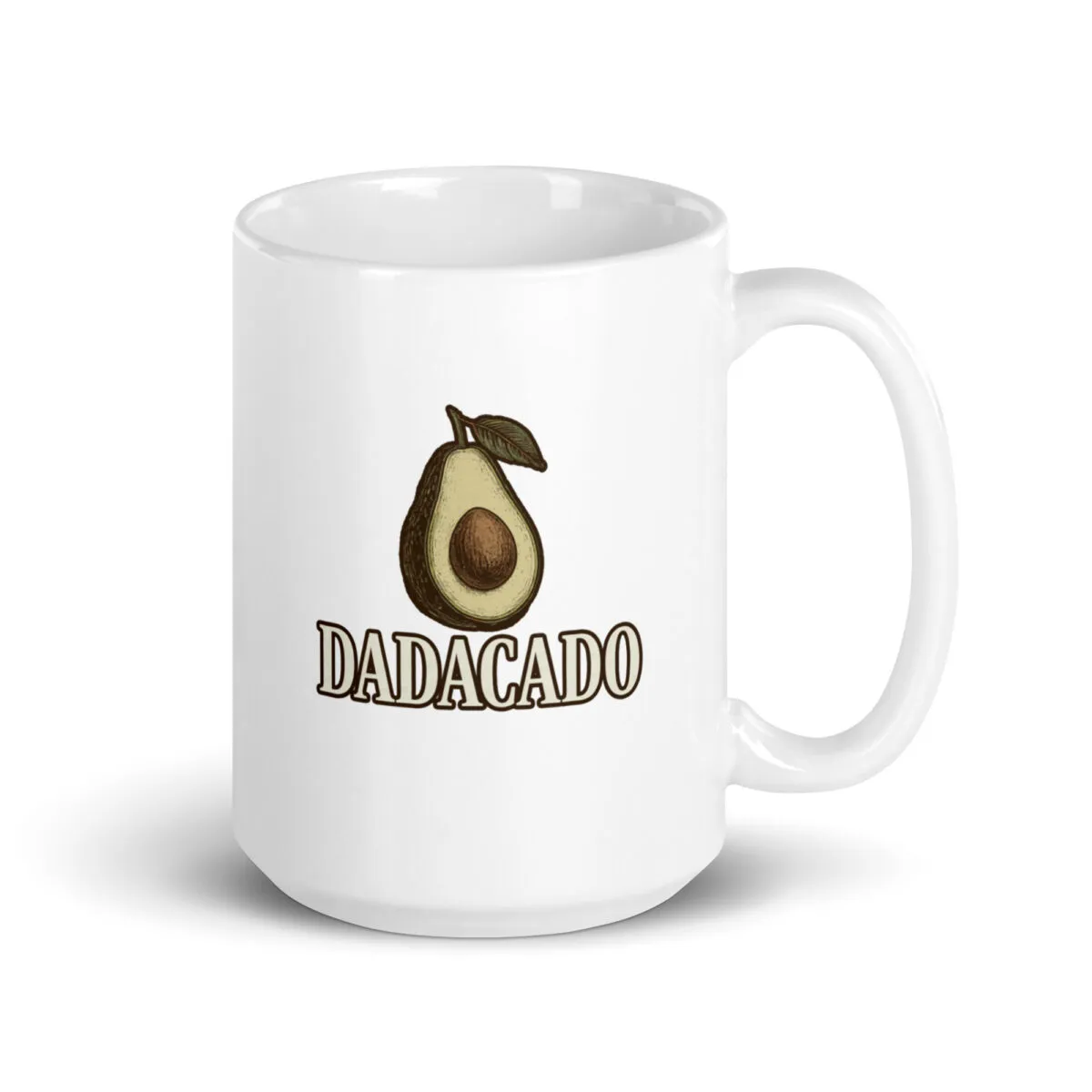 White mug with avocado illustration and text 'DADACADO'.