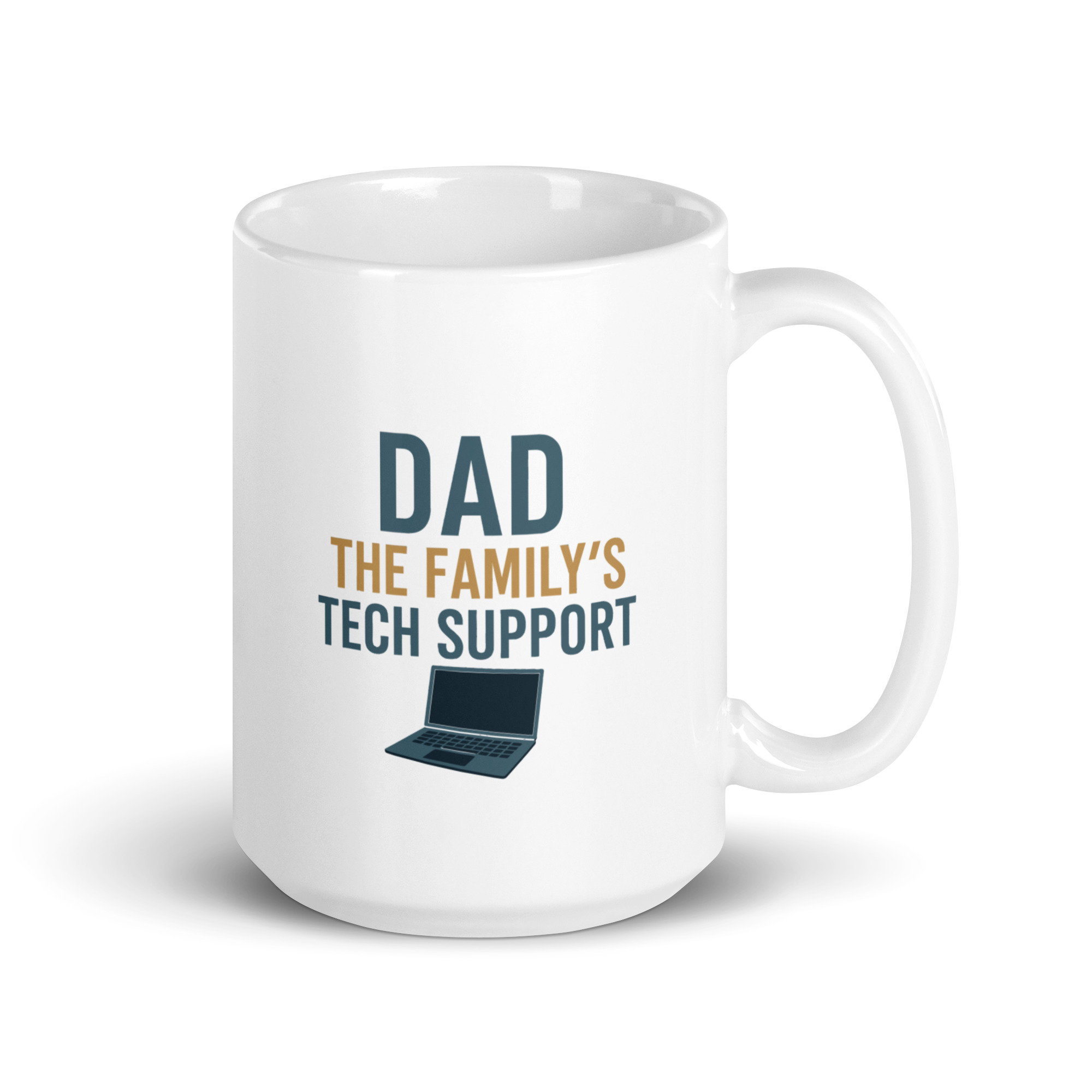 white-glossy-mug-white-15-oz-handle-on-right-68f72be2ad200.jpg White mug, 'Dad: The Family's Tech Support' printed.