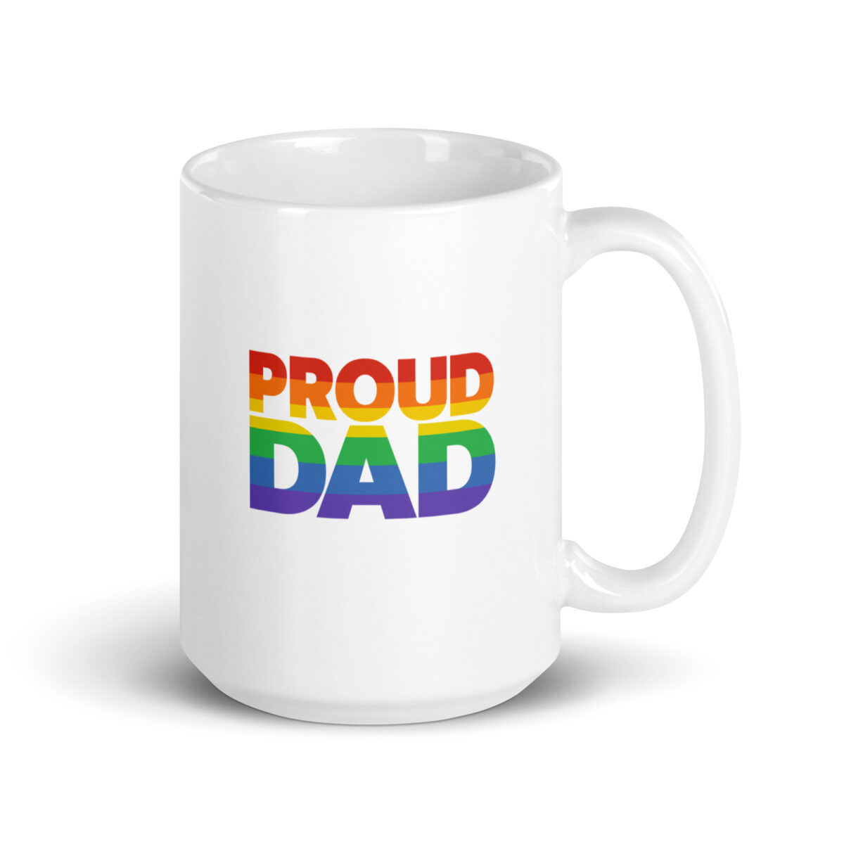 White mug with rainbow 'Proud Dad' text