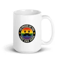 Pride mug with mustache emoji and supportive message.