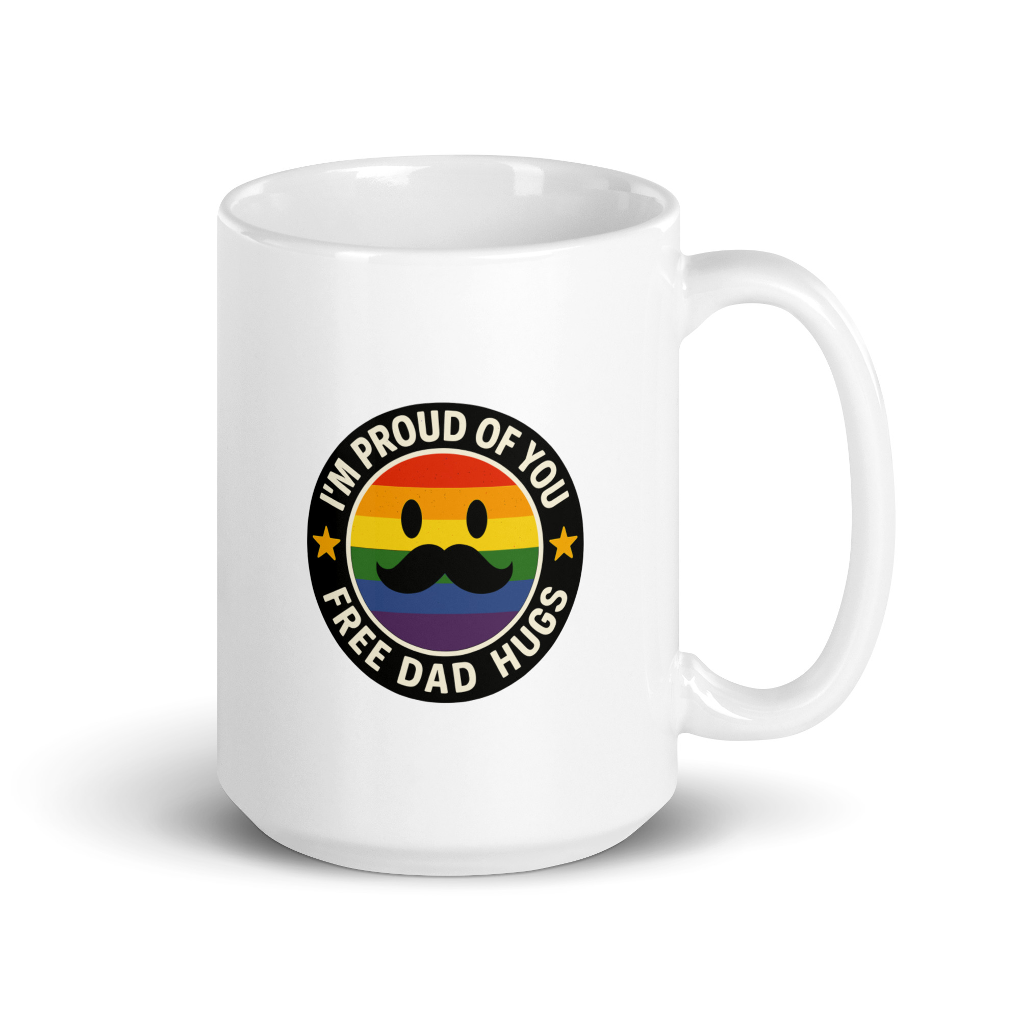 white-glossy-mug-white-15-oz-handle-on-right-68f7350d2e36a.jpg Pride mug with mustache emoji and supportive message.