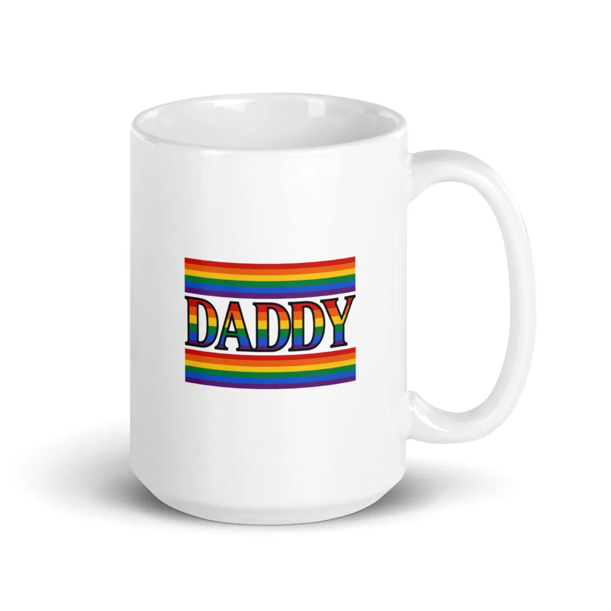 White mug with rainbow 'DADDY' text